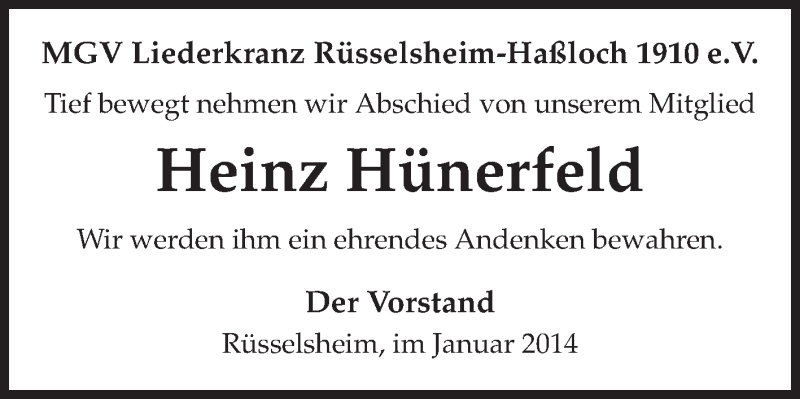  Traueranzeige für Heinz Hünerfeld vom 04.01.2014 aus Rüsselsheimer Echo, Groß-Gerauer-Echo, Ried Echo