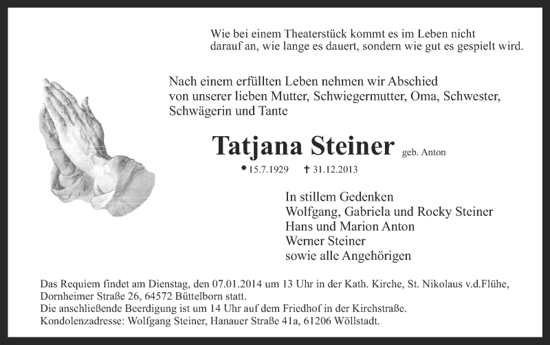  Traueranzeige für Tatajana Steiner vom 04.01.2014 aus Rüsselsheimer Echo, Groß-Gerauer-Echo, Ried Echo
