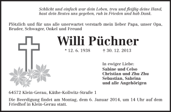 Traueranzeige von Willi Püchner von Rüsselsheimer Echo, Groß-Gerauer-Echo, Ried Echo