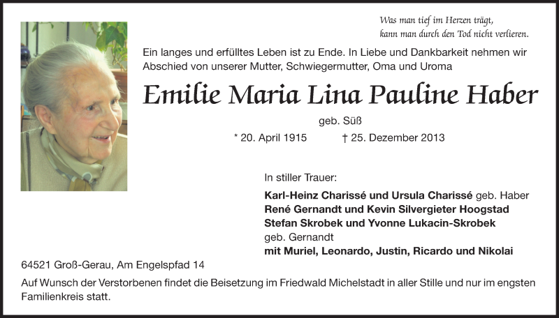  Traueranzeige für Emilie Maria Lina Pauline Haber vom 04.01.2014 aus Rüsselsheimer Echo, Groß-Gerauer-Echo, Ried Echo