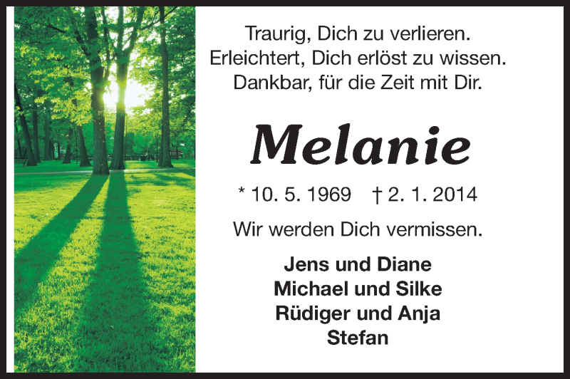  Traueranzeige für Melanie Bonin vom 04.01.2014 aus Odenwälder Echo