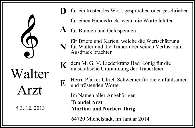  Traueranzeige für Walter Arzt vom 04.01.2014 aus Odenwälder Echo