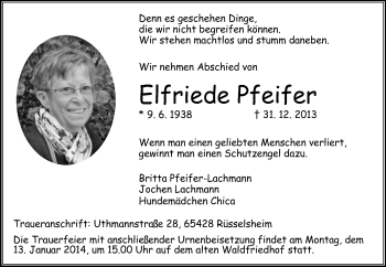 Traueranzeige von Elfriede Pfeifer von Rüsselsheimer Echo, Groß-Gerauer-Echo, Ried Echo