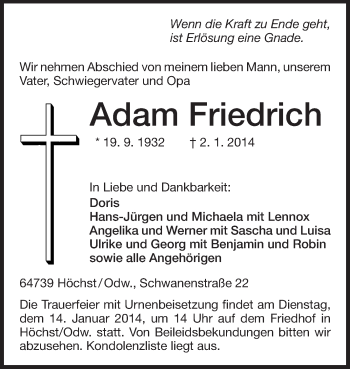 Traueranzeige von Adam Friedrich von Odenwälder Echo
