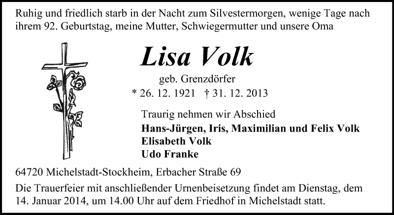  Traueranzeige für Lisa Volk vom 11.01.2014 aus Odenwälder Echo