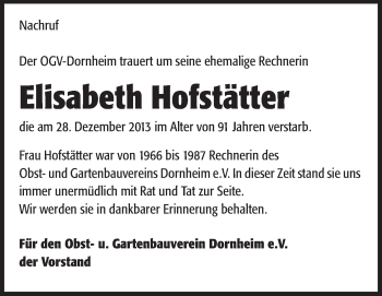 Traueranzeige von Elisabeth Hofstätter von Rüsselsheimer Echo, Groß-Gerauer-Echo, Ried Echo