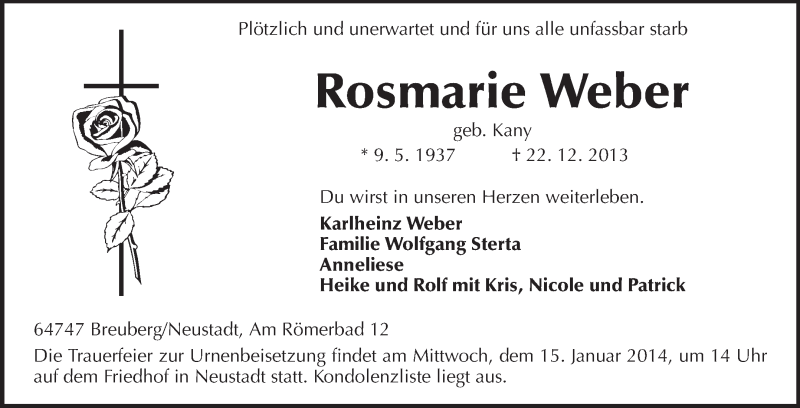  Traueranzeige für Rosmarie Weber vom 11.01.2014 aus Odenwälder Echo