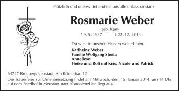 Traueranzeige von Rosmarie Weber von Odenwälder Echo