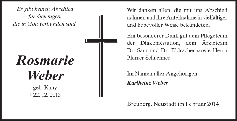  Traueranzeige für Rosmarie Weber vom 01.02.2014 aus Odenwälder Echo