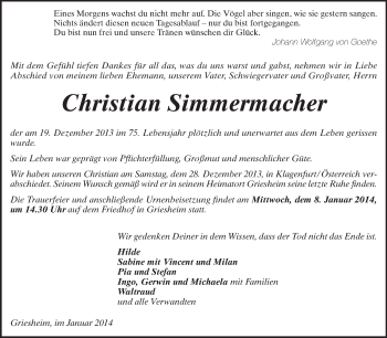 Traueranzeige von Christian Simmermacher von Echo-Zeitungen (Gesamtausgabe)
