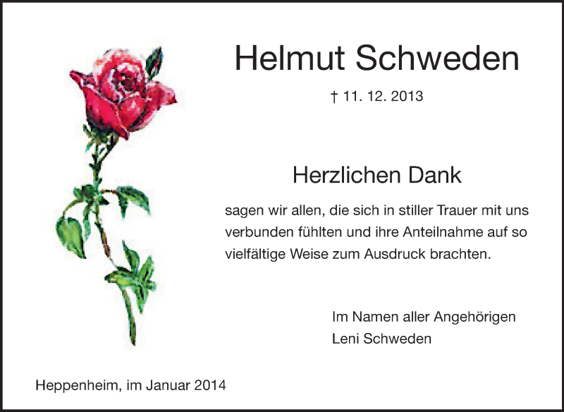  Traueranzeige für Helmut Schweden vom 06.01.2014 aus Starkenburger Echo