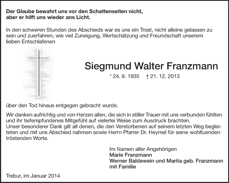  Traueranzeige für Siegmund Walter Franzmann vom 11.01.2014 aus Rüsselsheimer Echo, Groß-Gerauer-Echo, Ried Echo