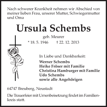 Traueranzeige von Ursula Schembs von Odenwälder Echo