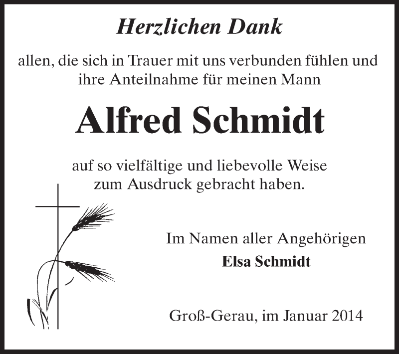  Traueranzeige für Alfred Schmidt vom 08.01.2014 aus Rüsselsheimer Echo, Groß-Gerauer-Echo, Ried Echo