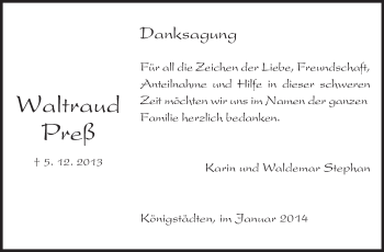 Traueranzeige von Waltraud Preß von Rüsselsheimer Echo, Groß-Gerauer-Echo, Ried Echo