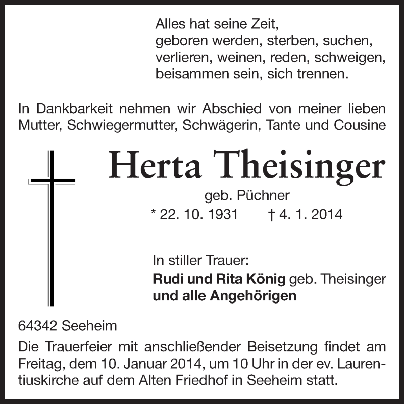  Traueranzeige für Herta Theisinger vom 07.01.2014 aus Echo-Zeitungen (Gesamtausgabe)
