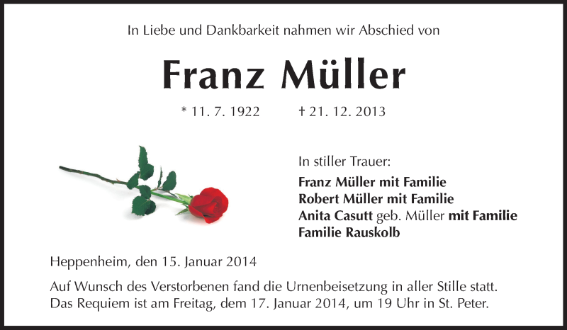  Traueranzeige für Franz Müller vom 15.01.2014 aus Starkenburger Echo