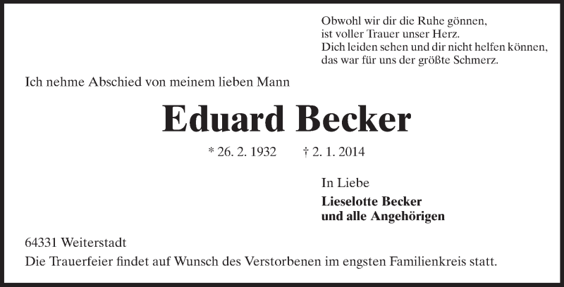  Traueranzeige für Eduard Becker  vom 07.01.2014 aus Echo-Zeitungen (Gesamtausgabe)