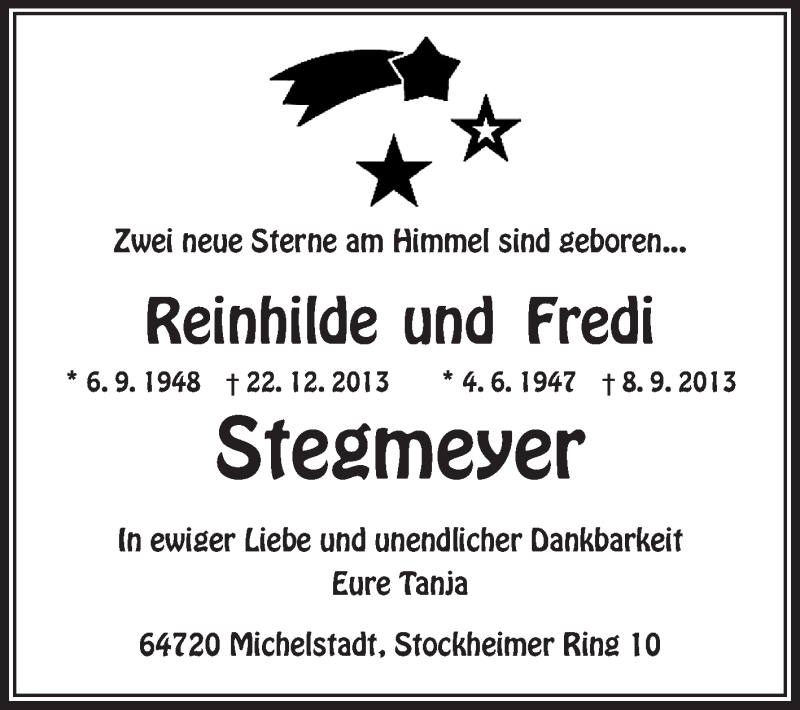  Traueranzeige für Reinhilde Stegmeyer vom 08.01.2014 aus Odenwälder Echo