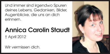 Traueranzeige von Annica Carolin Staudt von Odenwälder Echo