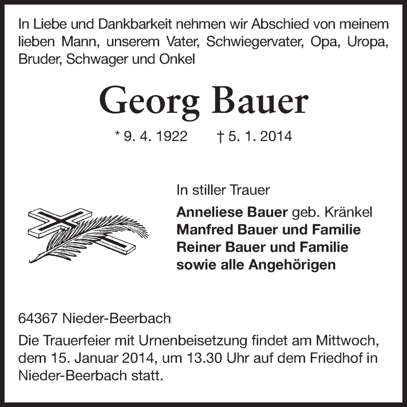  Traueranzeige für Georg Bauer vom 11.01.2014 aus Echo-Zeitungen (Gesamtausgabe)
