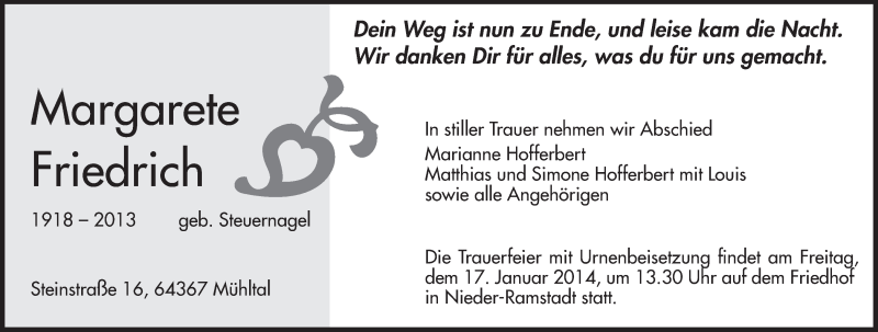  Traueranzeige für Margarete Friedrich vom 11.01.2014 aus Echo-Zeitungen (Gesamtausgabe)