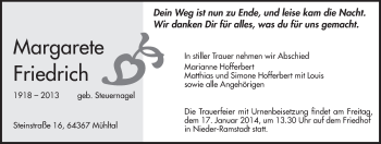 Traueranzeige von Margarete Friedrich von Echo-Zeitungen (Gesamtausgabe)
