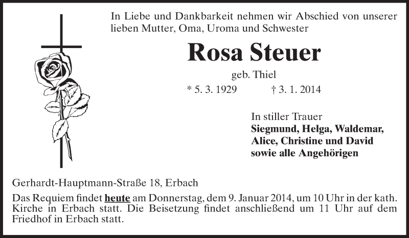  Traueranzeige für Rosa Steuer vom 09.01.2014 aus Odenwälder Echo