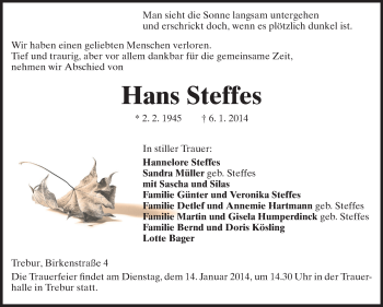 Traueranzeige von Hans Steffes von Rüsselsheimer Echo, Groß-Gerauer-Echo, Ried Echo