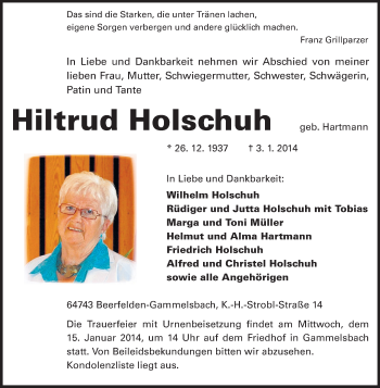 Traueranzeige von Hiltrud Holschuh von Odenwälder Echo