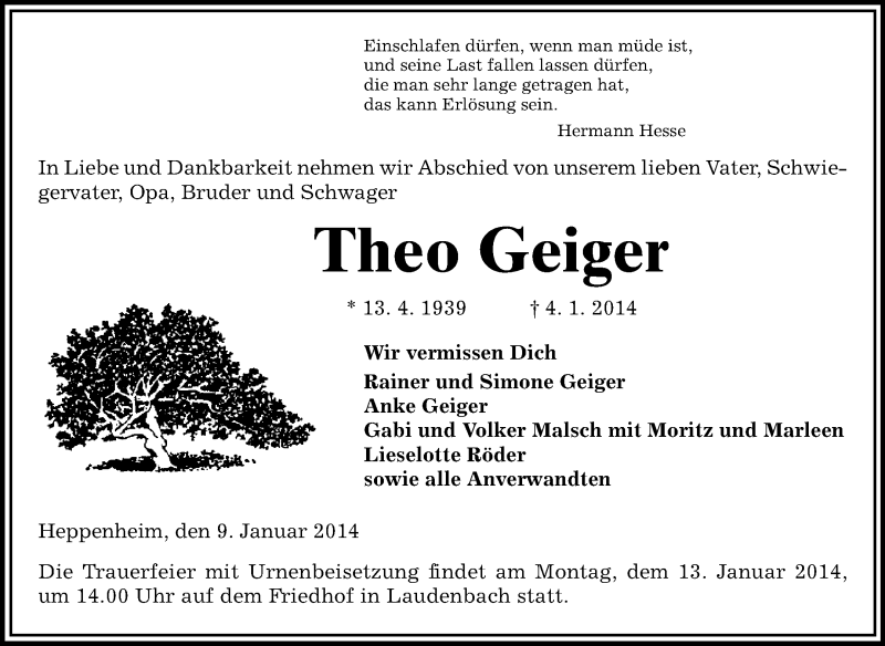  Traueranzeige für Theo Geiger vom 09.01.2014 aus Starkenburger Echo
