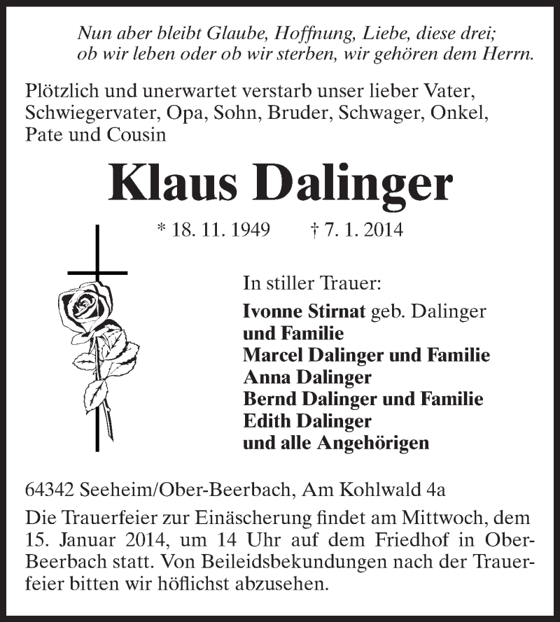  Traueranzeige für Klaus Dalinger vom 09.01.2014 aus Echo-Zeitungen (Gesamtausgabe)