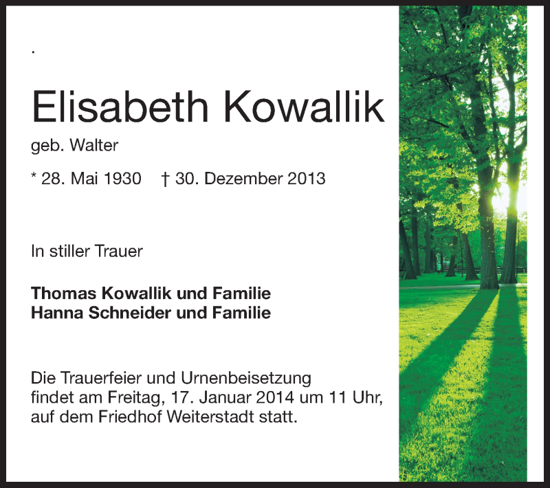  Traueranzeige für Elisabeth Kowallik vom 11.01.2014 aus Echo-Zeitungen (Gesamtausgabe)