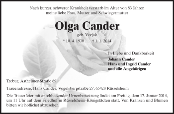 Traueranzeige von Olga Cander von Rüsselsheimer Echo, Groß-Gerauer-Echo, Ried Echo