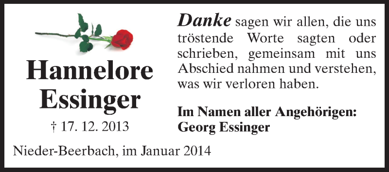  Traueranzeige für Hannelore Essinger vom 11.01.2014 aus Darmstädter Echo, Odenwälder Echo, Rüsselsheimer Echo, Groß-Gerauer-Echo, Ried Echo