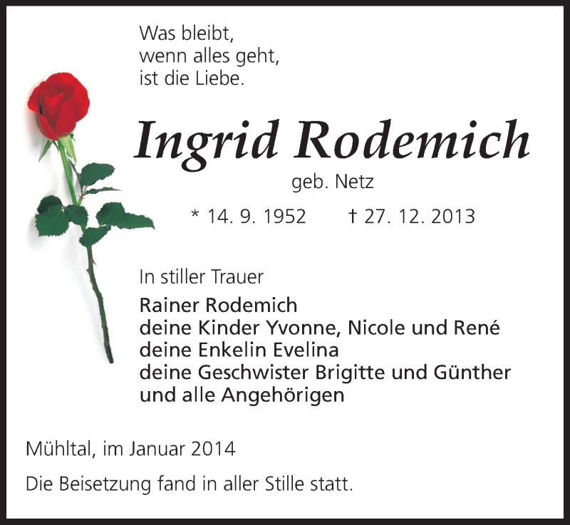  Traueranzeige für Ingrid Rodemich vom 11.01.2014 aus Echo-Zeitungen (Gesamtausgabe)