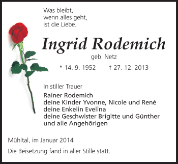 Traueranzeige von Ingrid Rodemich von Echo-Zeitungen (Gesamtausgabe)