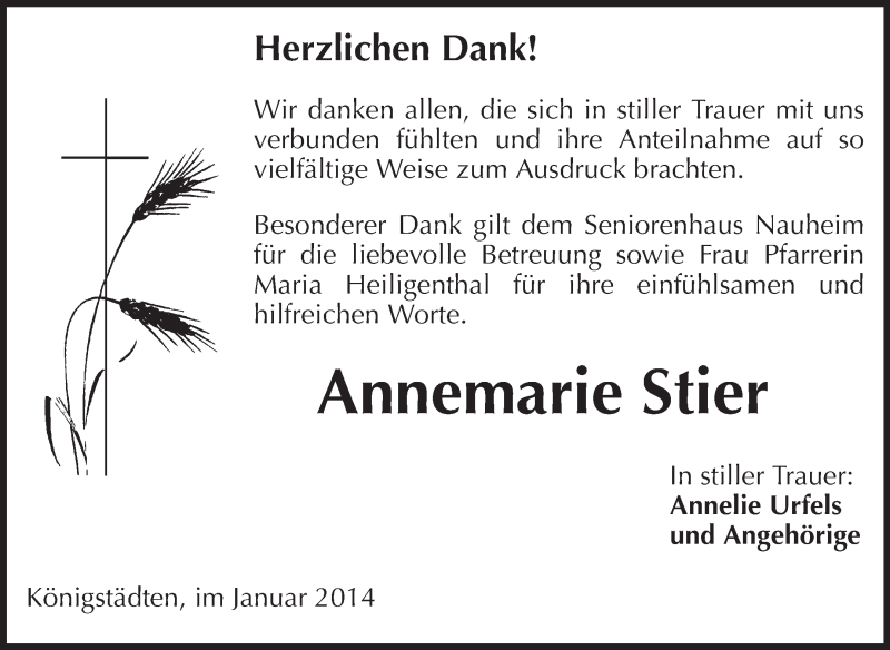  Traueranzeige für Annemarie Stier vom 11.01.2014 aus Echo-Zeitungen (Gesamtausgabe)