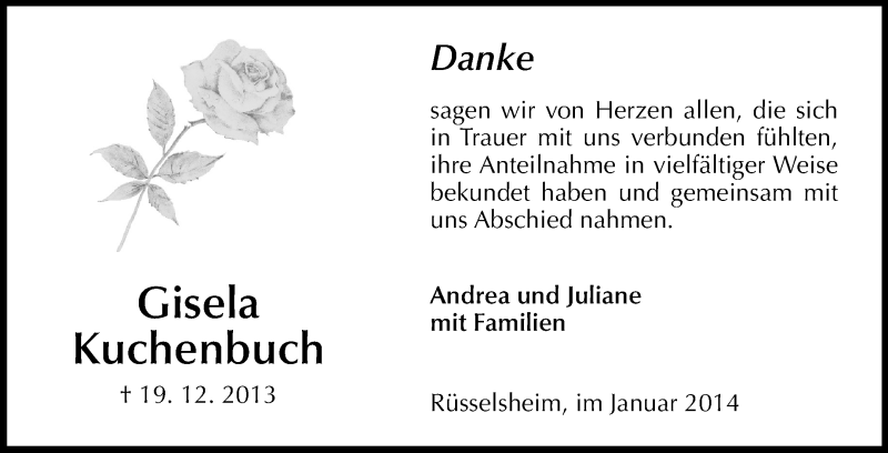  Traueranzeige für Gisela Kuchenbuch vom 11.01.2014 aus Rüsselsheimer Echo, Groß-Gerauer-Echo, Ried Echo