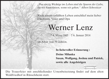 Traueranzeige von Werner Lenz von Rüsselsheimer Echo, Groß-Gerauer-Echo, Ried Echo