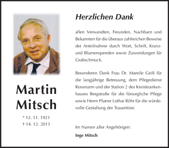 Traueranzeige von Martin Mitsch von Starkenburger Echo, Bergsträßer Anzeiger