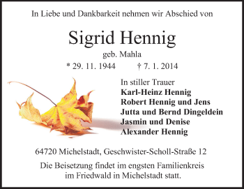 Traueranzeige von Sigrid Hennig von Odenwälder Echo