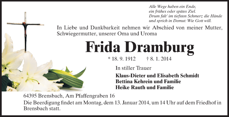  Traueranzeige für Frida Dramburg vom 11.01.2014 aus Odenwälder Echo