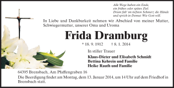 Traueranzeige von Frida Dramburg von Odenwälder Echo