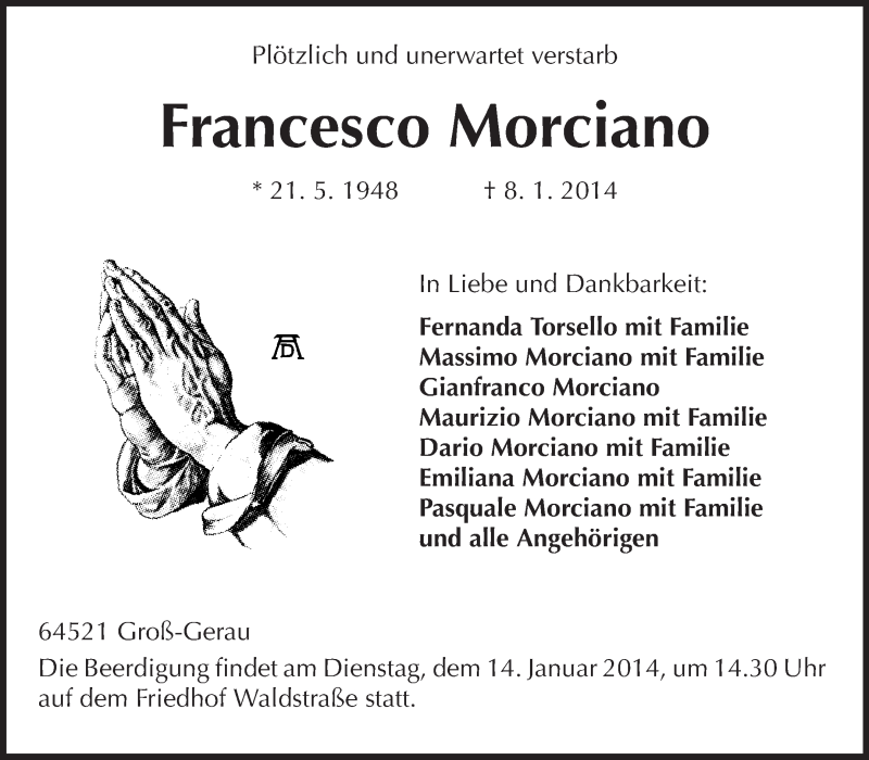  Traueranzeige für Francesco Morciano vom 11.01.2014 aus Rüsselsheimer Echo, Groß-Gerauer-Echo, Ried Echo