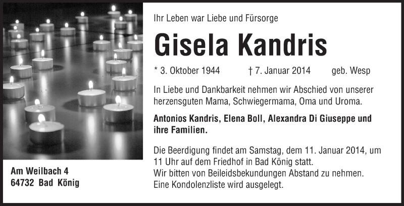  Traueranzeige für Gisela Kandris vom 10.01.2014 aus Odenwälder Echo