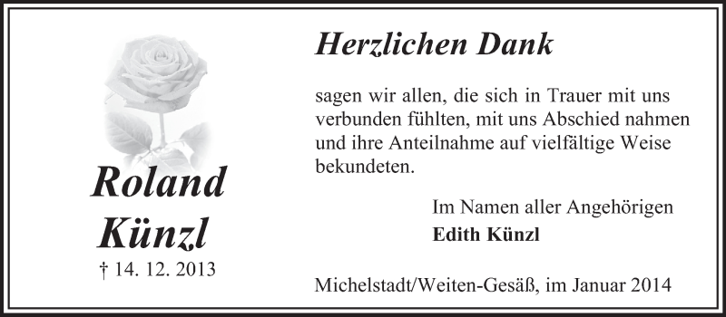  Traueranzeige für Roland Künzl vom 11.01.2014 aus Odenwälder Echo