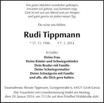 Traueranzeige von Rudi Tippmann von Rüsselsheimer Echo, Groß-Gerauer-Echo, Ried Echo