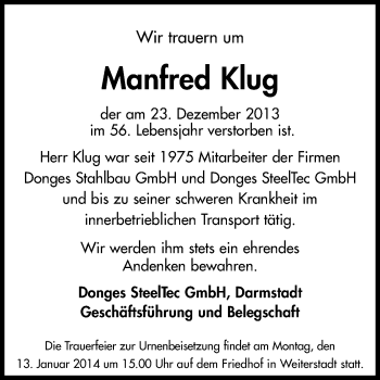 Traueranzeige von Manfred Klug von Echo-Zeitungen (Gesamtausgabe)