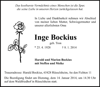 Traueranzeige von Inge Bockius von Rüsselsheimer Echo, Groß-Gerauer-Echo, Ried Echo